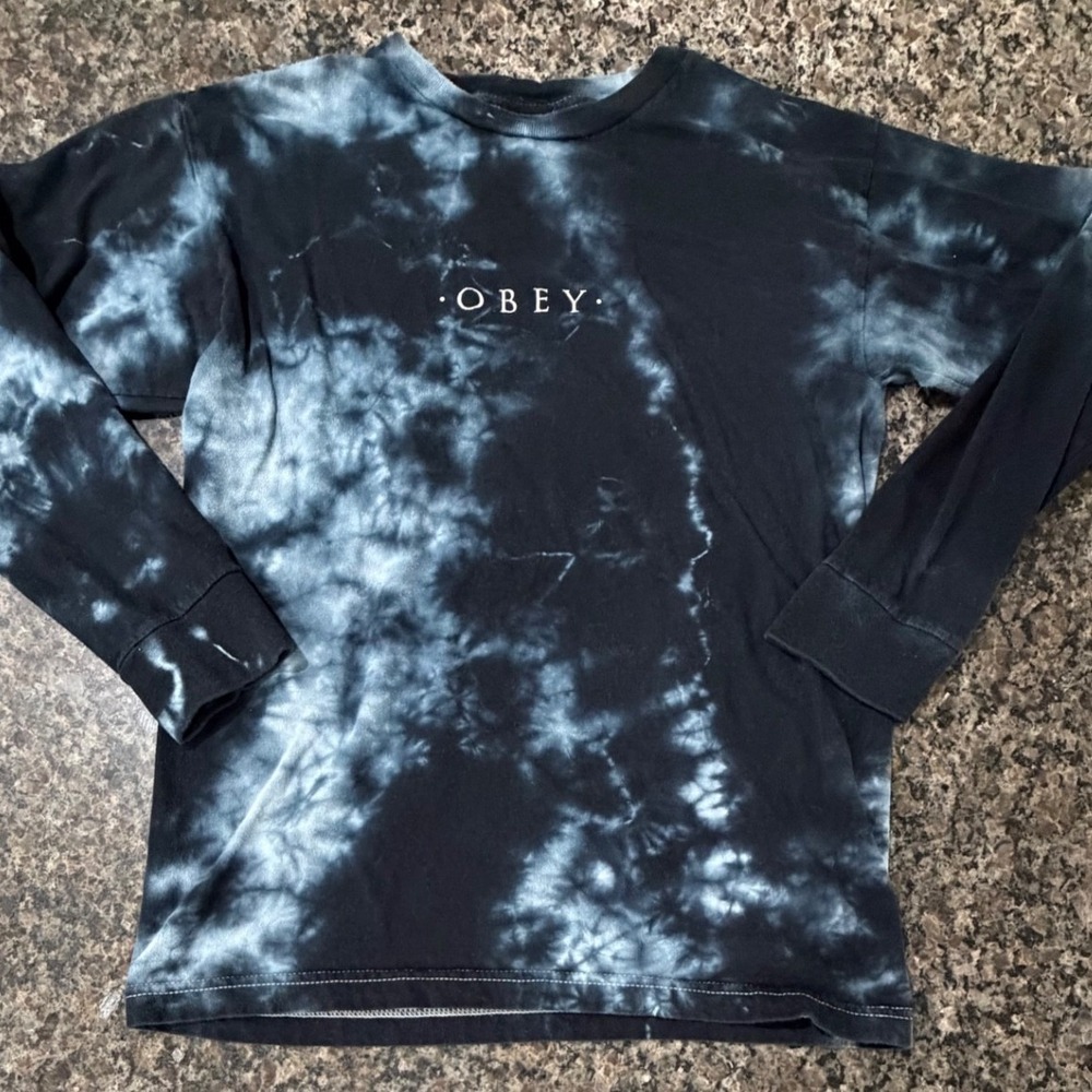 Obey Worldwide Mens‎ Small Long Sleeve Tie Dye Graphic T-Shirt Black White